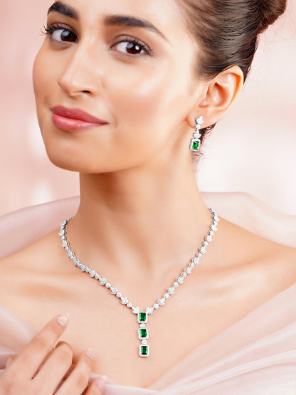 925 Fine Silver Rhodium Plated Cubic Drop Emerald Necklace Set