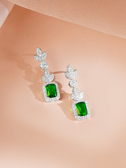 925 Fine Silver Rhodium Plated Cubic Drop Emerald Necklace Set