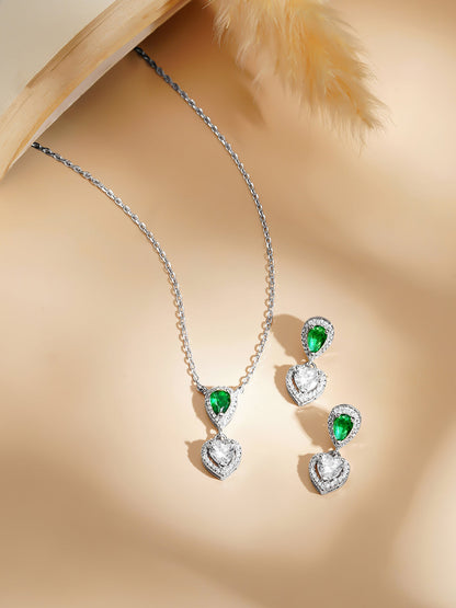 925 Fine Silver Rhodium Plated Heart Drop Emerald Necklace Set