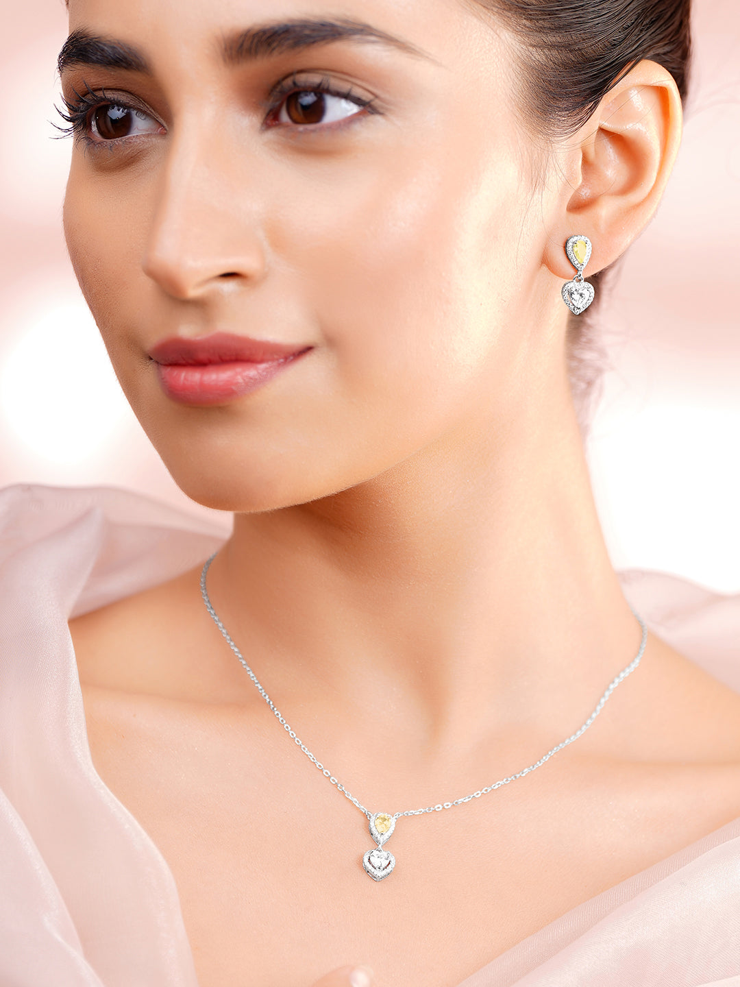 925 Fine Silver Rhodium Plated Heart Drop Yellow Citrine Necklace Set