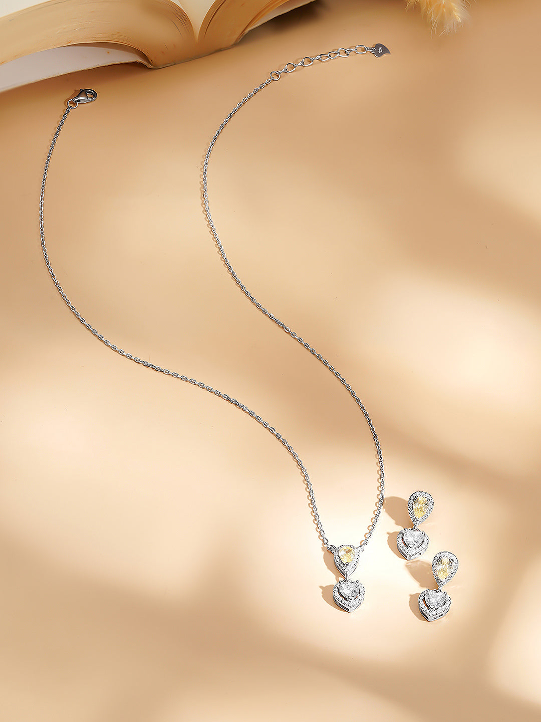925 Fine Silver Rhodium Plated Heart Drop Yellow Citrine Necklace Set