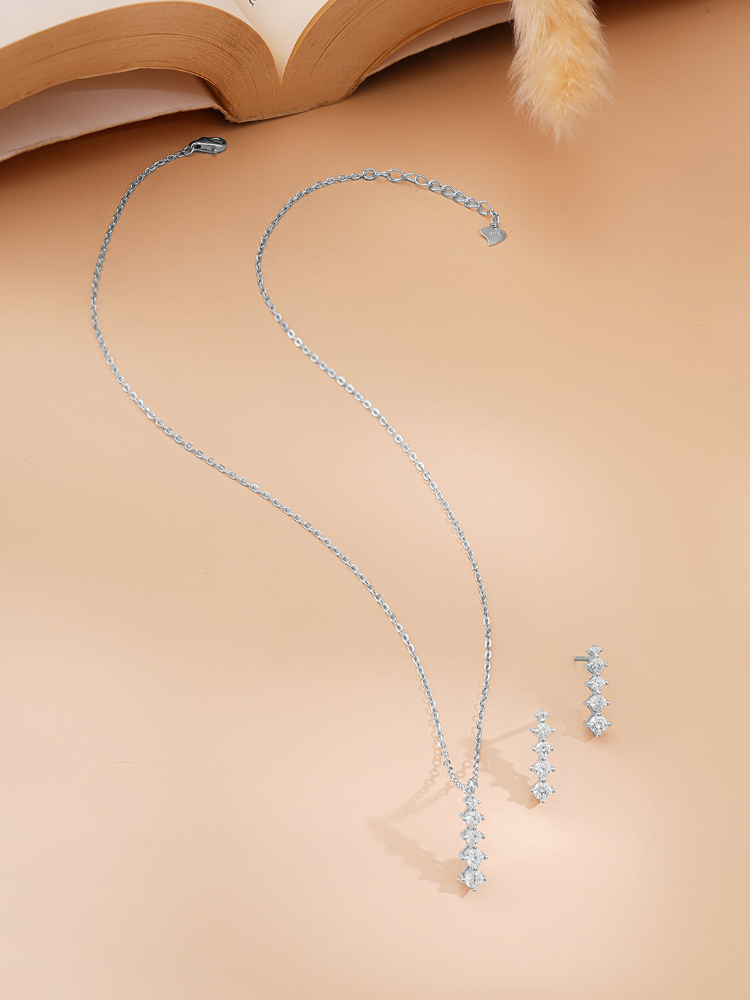 925 Fine Silver Rhodium Plated AD Marquise Drop Necklace Set