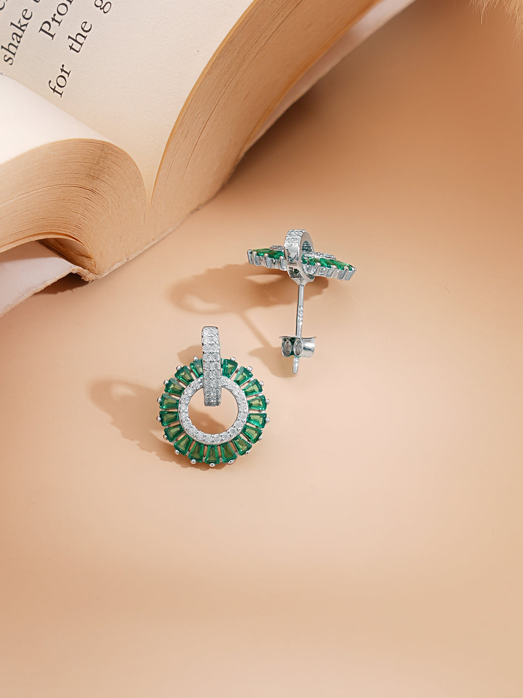 925 Fine Silver Rhodium Plated Emerald AD Circle Charm Pendent Set