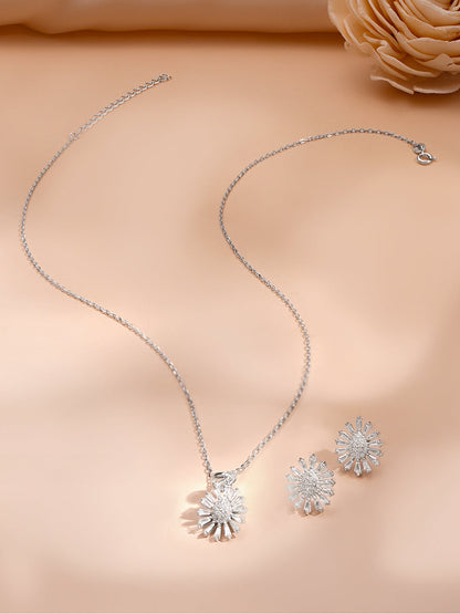 925 Fine Silver Rhodium Plated Floral Charm Necklace Set
