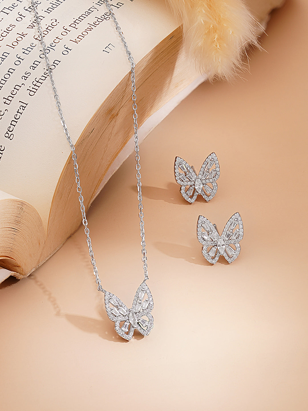 925 Fine Silver Rhodium Plated Cubic Zirconia Butterfly Pendant Necklace Set