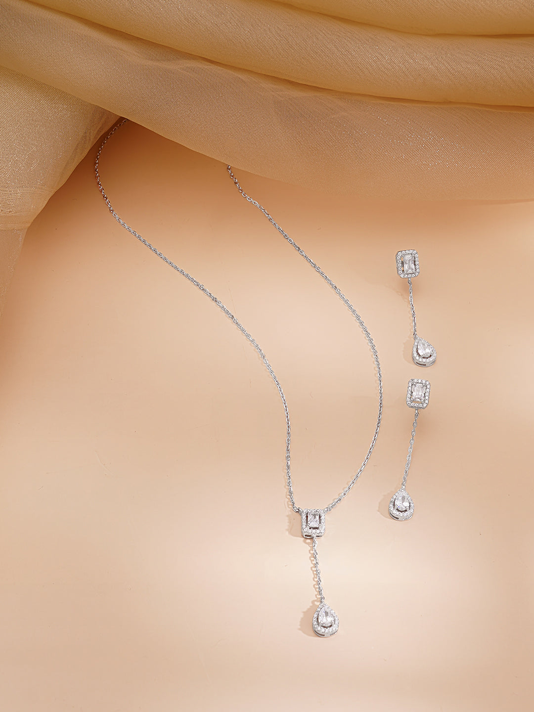 925 Fine Silver Rhodium Plated AD Drop Charm Necklace Set