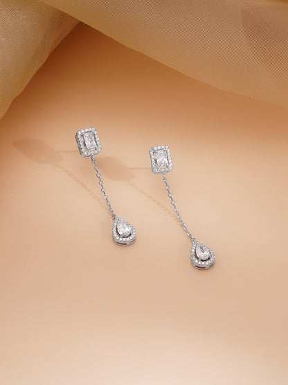 925 Fine Silver Rhodium Plated AD Drop Charm Necklace Set