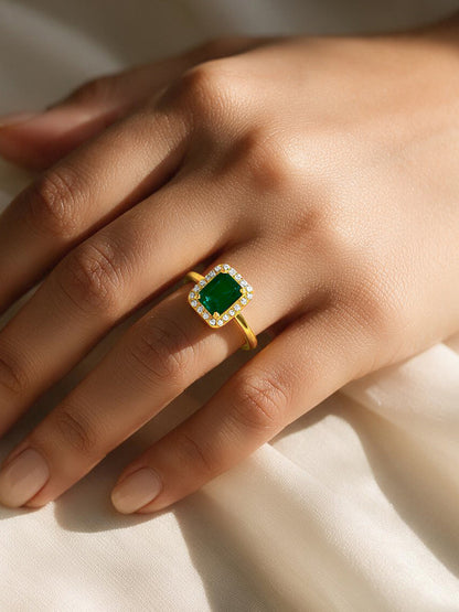 925 Fine Silver Gold Plated Green Emerald Cut Crystal Halo Ring