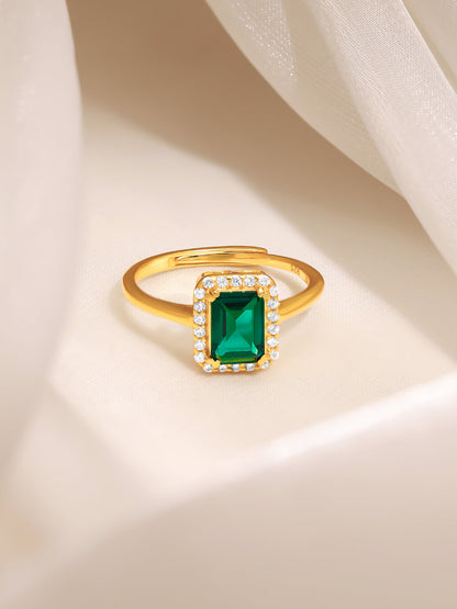 925 Fine Silver Gold Plated Green Emerald Cut Crystal Halo Ring