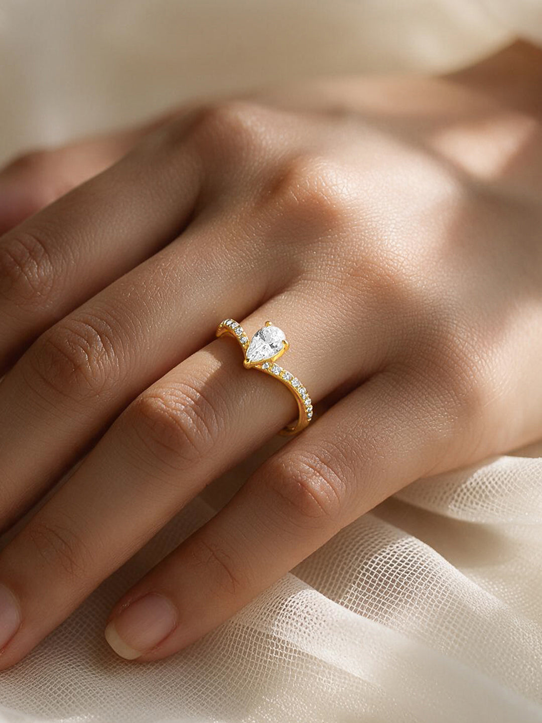 925 Fine Silver Gold Plated Pear Cut Crystal Solitaire Ring
