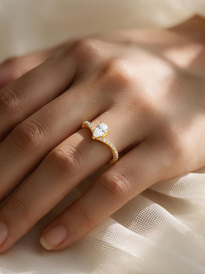 925 Fine Silver Gold Plated Pear Cut Crystal Solitaire Ring