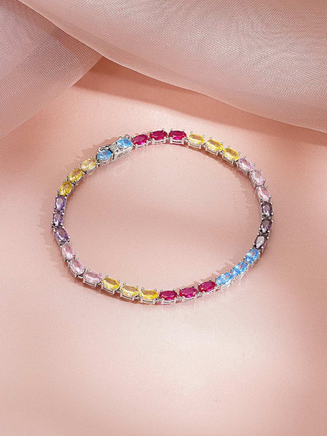 925 Fine Silver Rhodium Plated American Diamond Zirconia Multicolor Bracelet