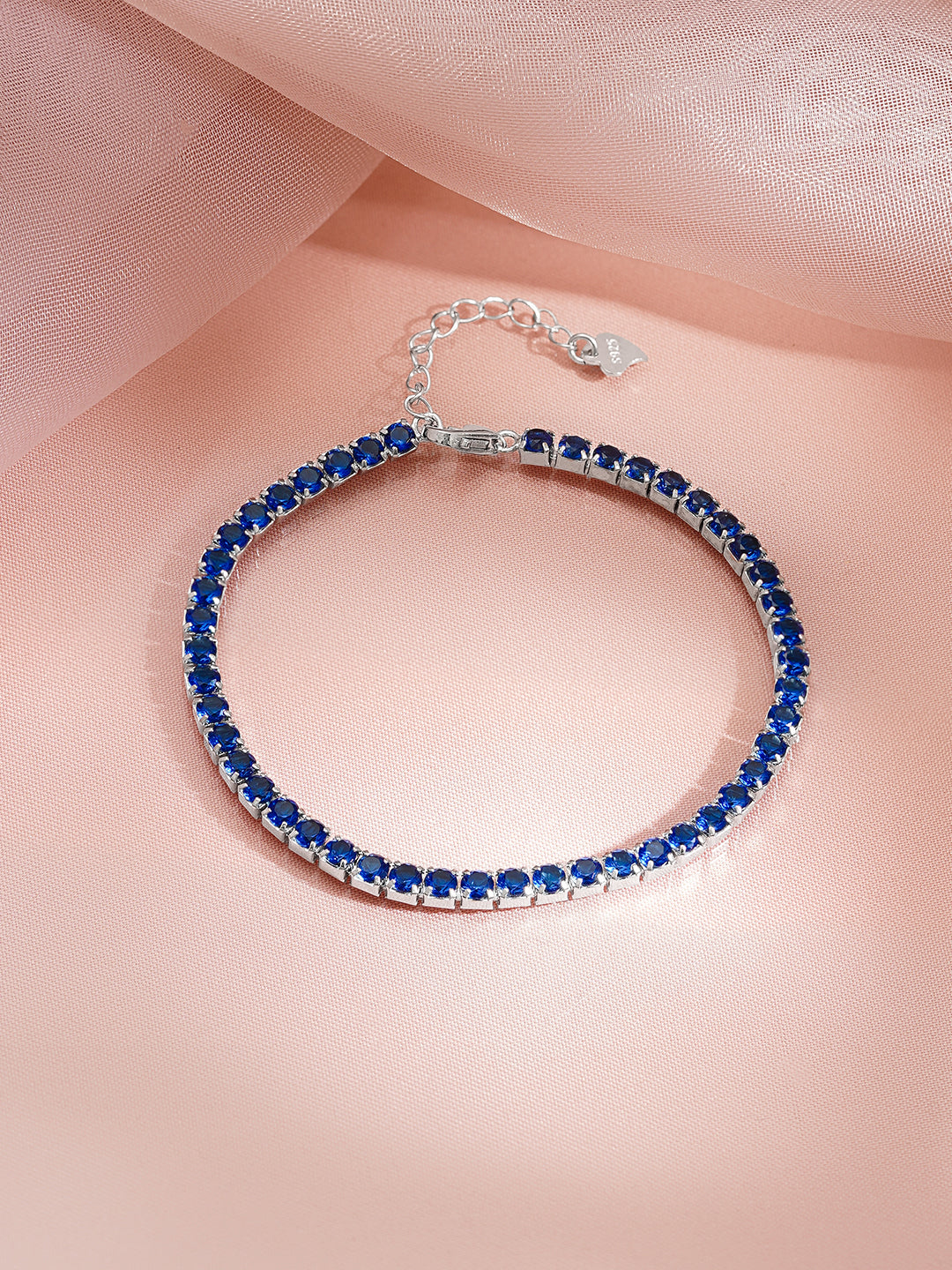 925 Fine Silver Rhodium Plated Blue Sapphire Bracelet With Heart Charm