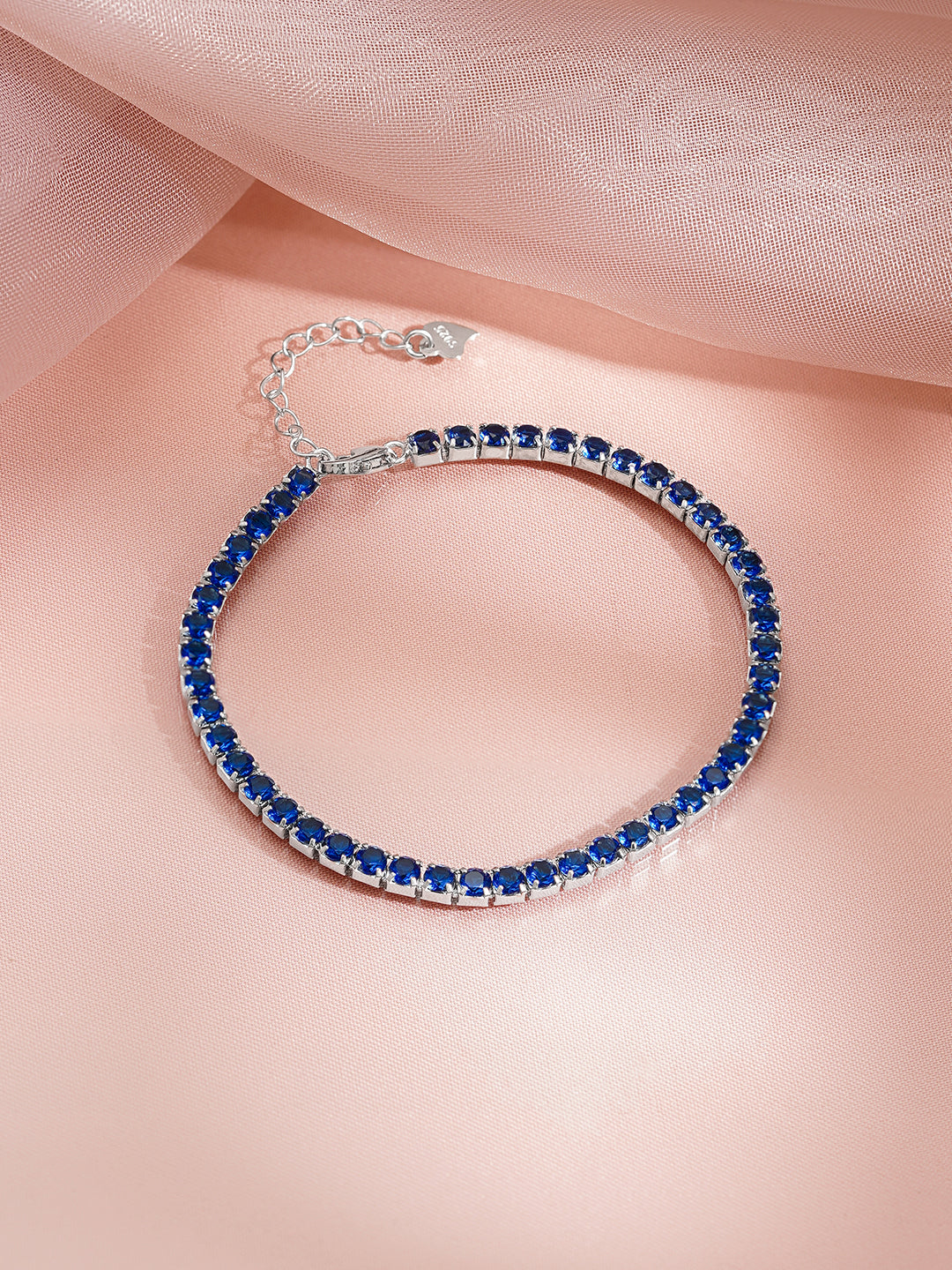 925 Fine Silver Rhodium Plated Blue Sapphire Bracelet With Heart Charm