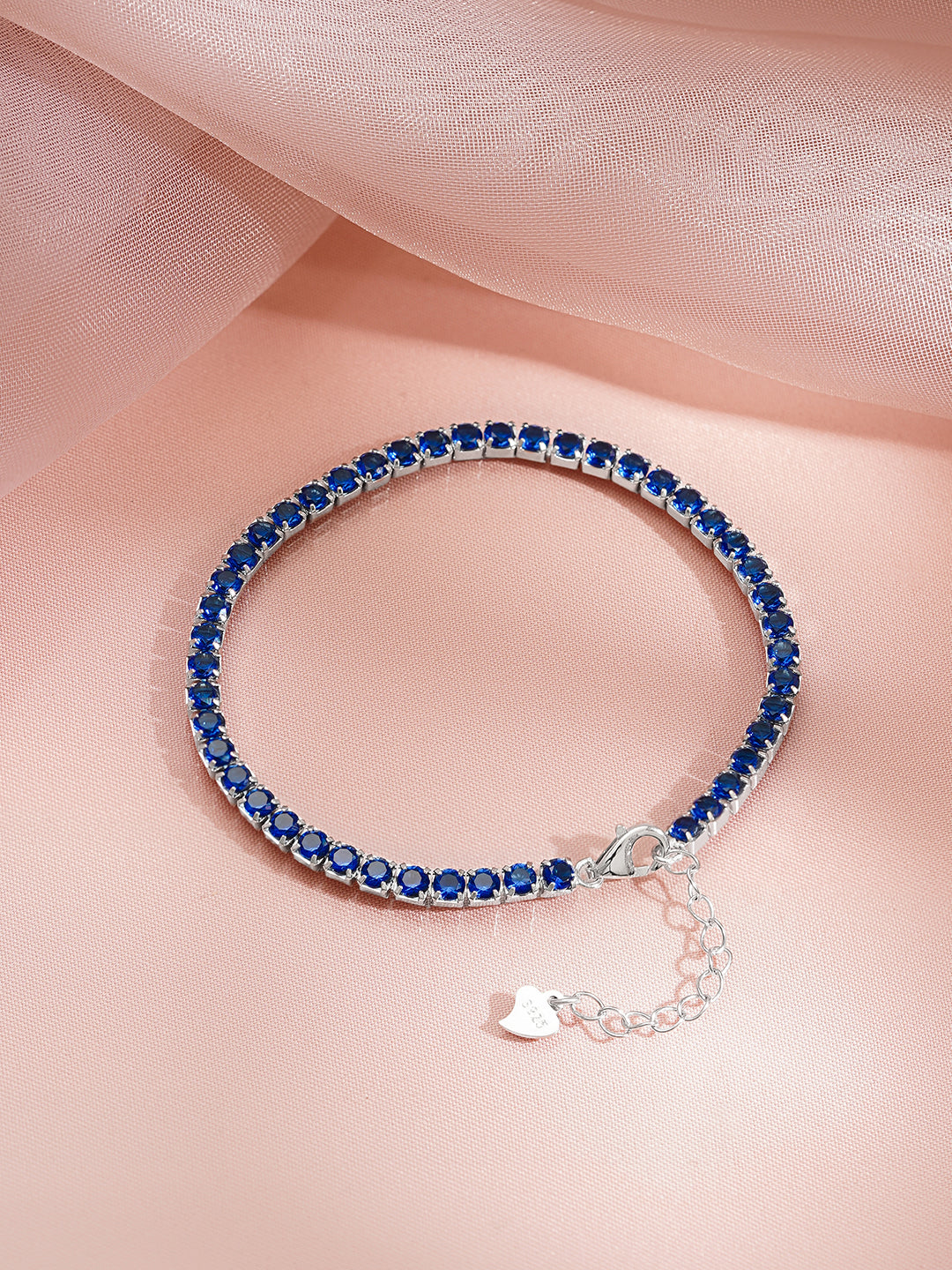 925 Fine Silver Rhodium Plated Blue Sapphire Bracelet With Heart Charm