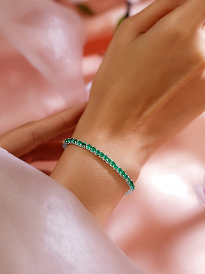 925 Fine Silver Rhodium Plated American Diamond Zirconia Emerald Green Bracelet