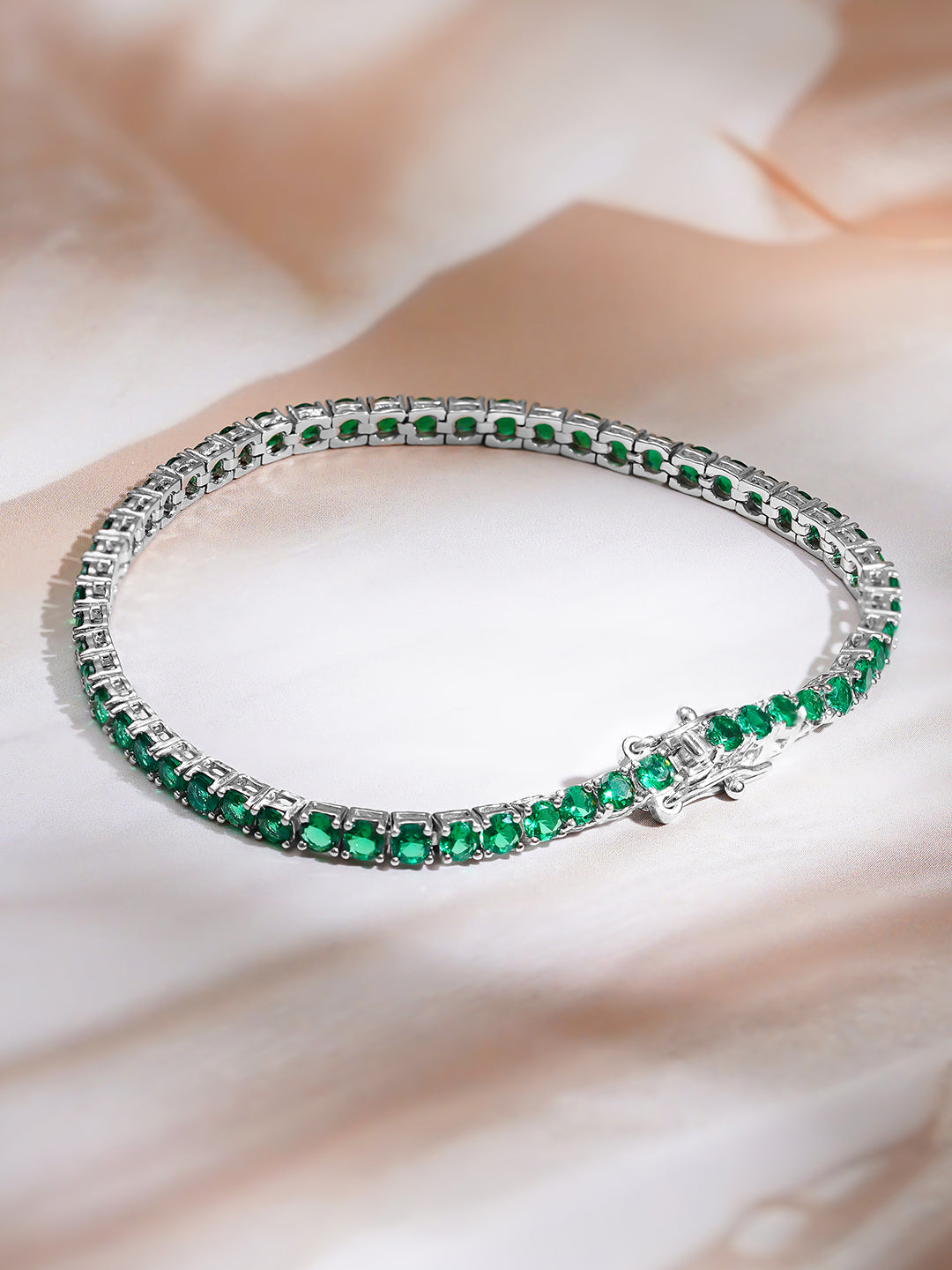 925 Fine Silver Rhodium Plated American Diamond Zirconia Emerald Green Bracelet