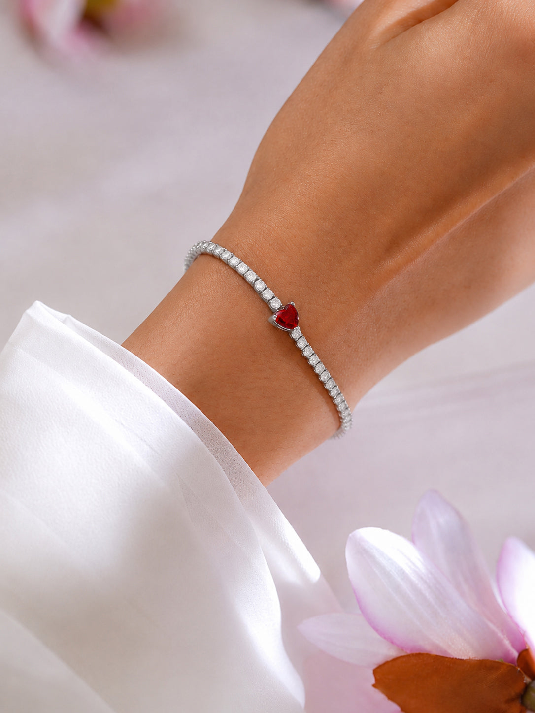 925 Fine Silver Rhodium Plated American Diamon Zirconia Bracelet With Ruby Heart Center &amp; Charm