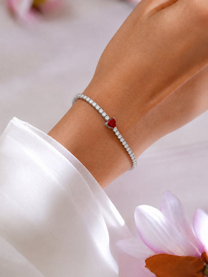 925 Fine Silver Rhodium Plated American Diamon Zirconia Bracelet With Ruby Heart Center &amp; Charm
