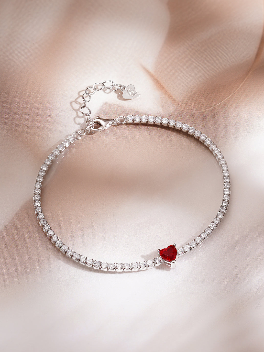 925 Fine Silver Rhodium Plated American Diamon Zirconia Bracelet With Ruby Heart Center &amp; Charm