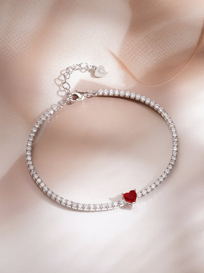 925 Fine Silver Rhodium Plated American Diamon Zirconia Bracelet With Ruby Heart Center &amp; Charm