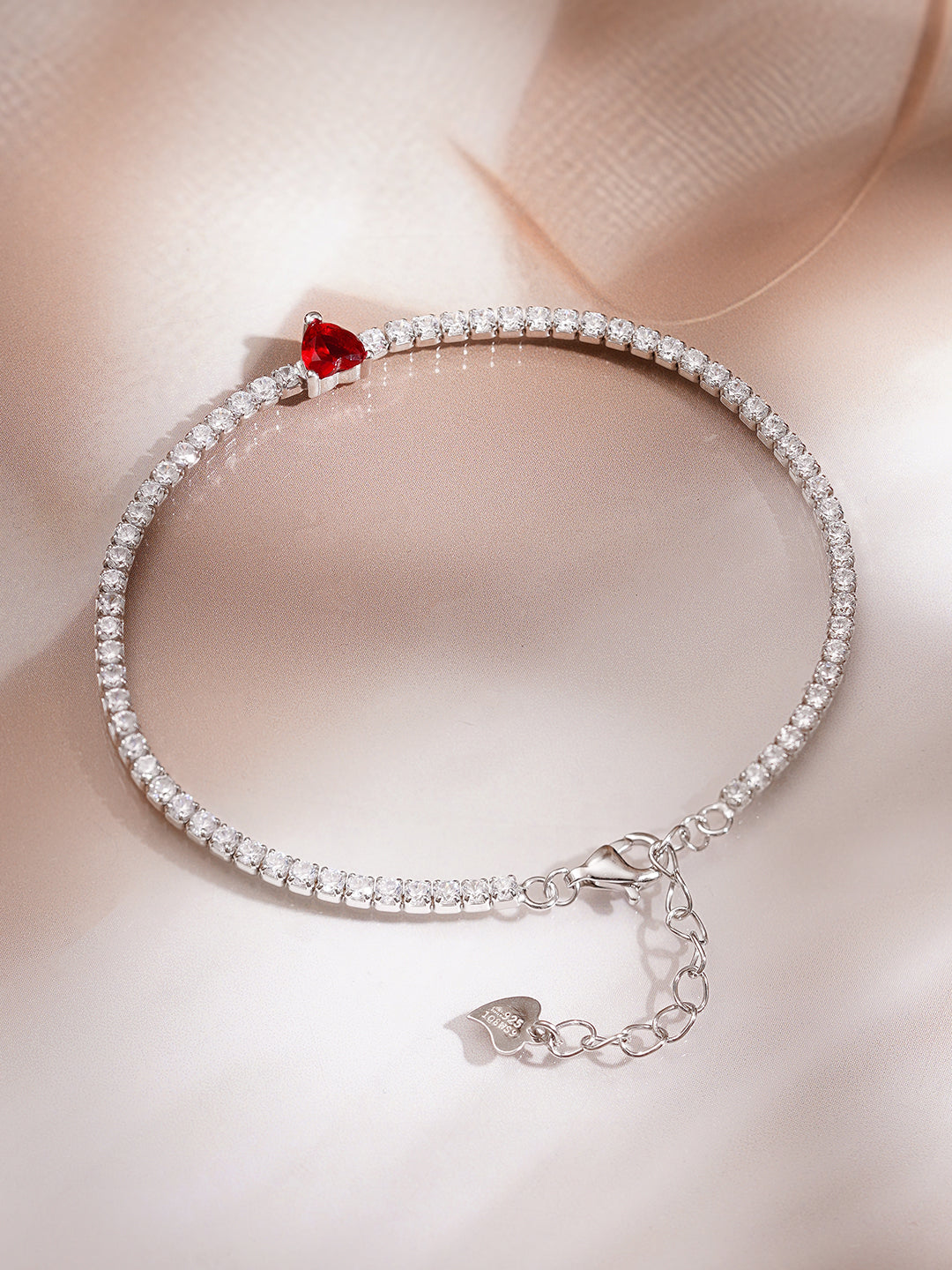 925 Fine Silver Rhodium Plated American Diamon Zirconia Bracelet With Ruby Heart Center &amp; Charm