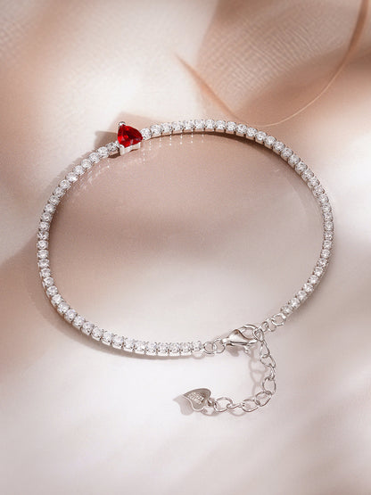 925 Fine Silver Rhodium Plated American Diamon Zirconia Bracelet With Ruby Heart Center &amp; Charm