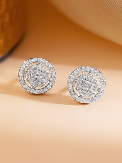 925 Fine Silver Cubic Zirconia Baguette Halo Round Stud Earrings