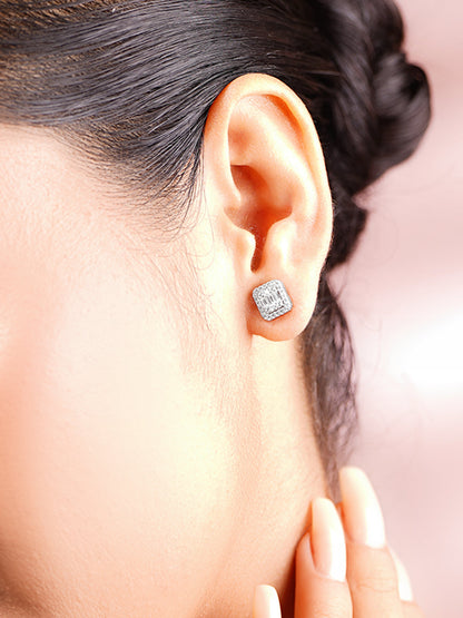 925 Fine Silver White Cubic Zirconia Cushion Halo Stud Earrings