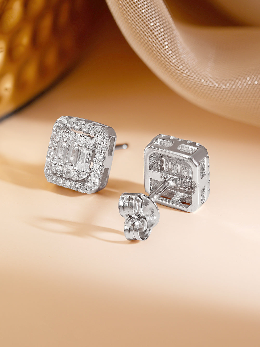 925 Fine Silver White Cubic Zirconia Cushion Halo Stud Earrings