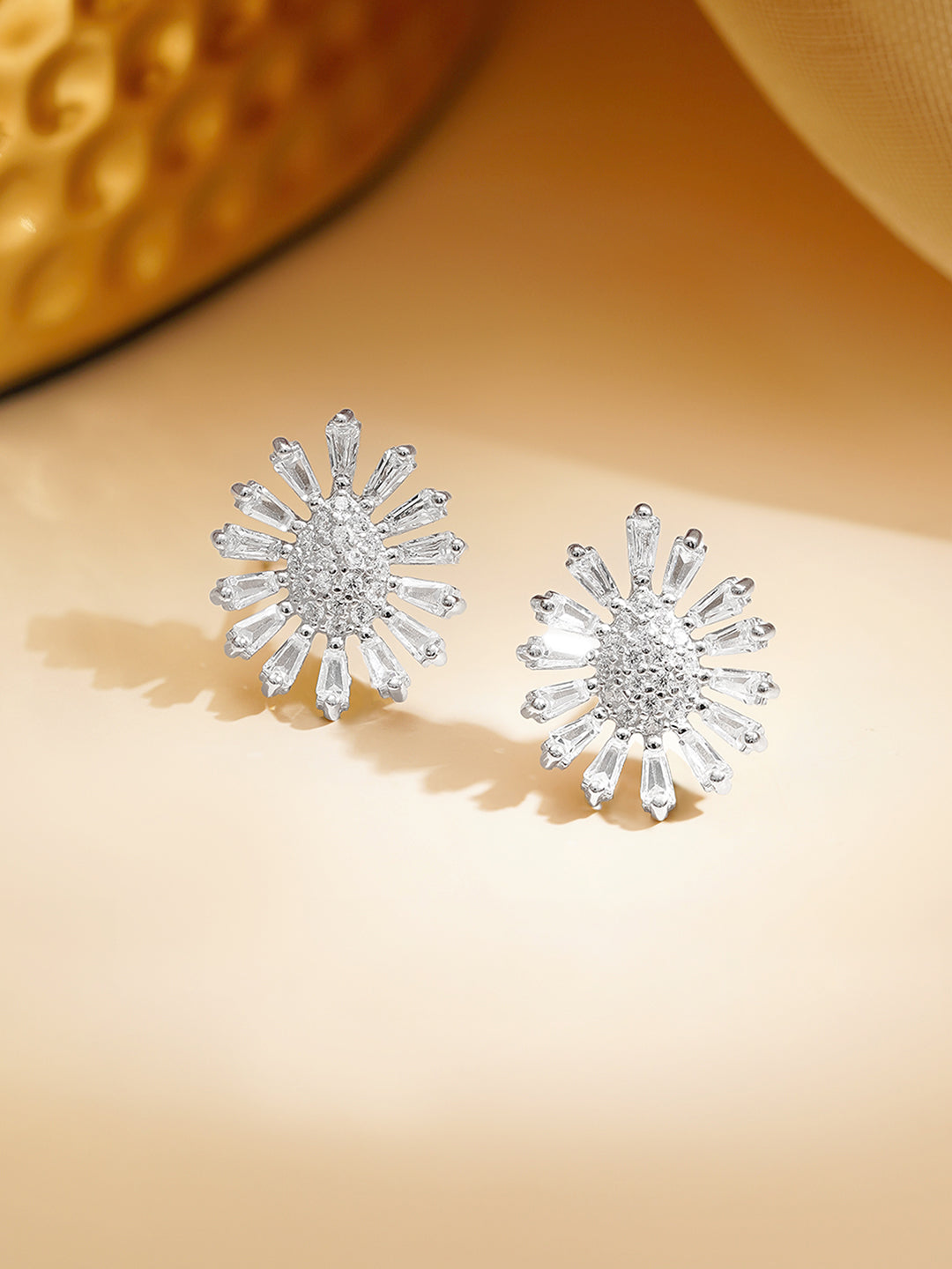 925 Fine Silver Rhodium Plated FLoral Studs Earrings