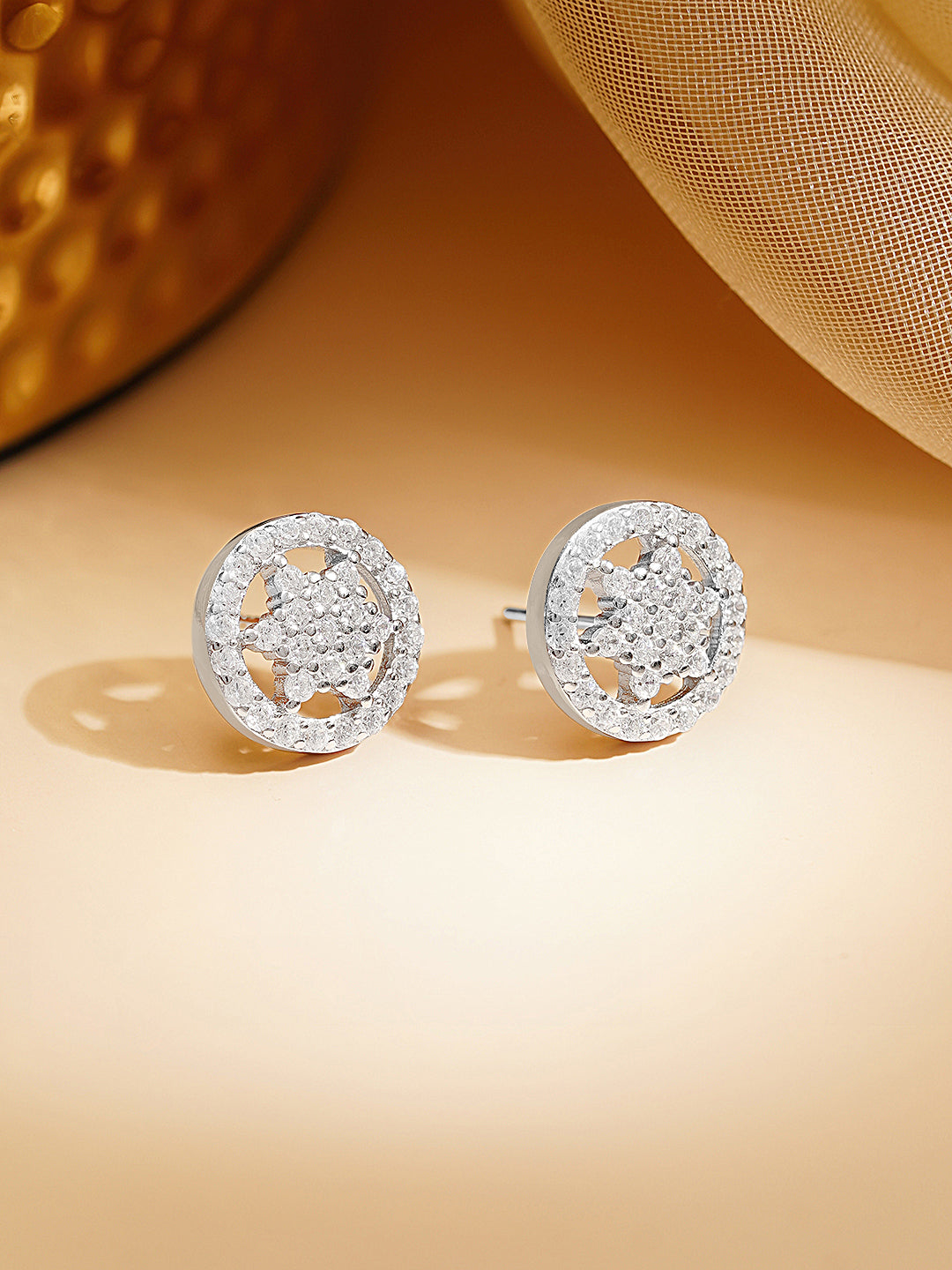 925 Fine Silver Rhodium Plated Floral Round Studs