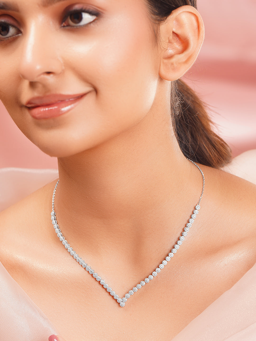 925 Fine Silver Rhodium Plated Floral Chain Necklace