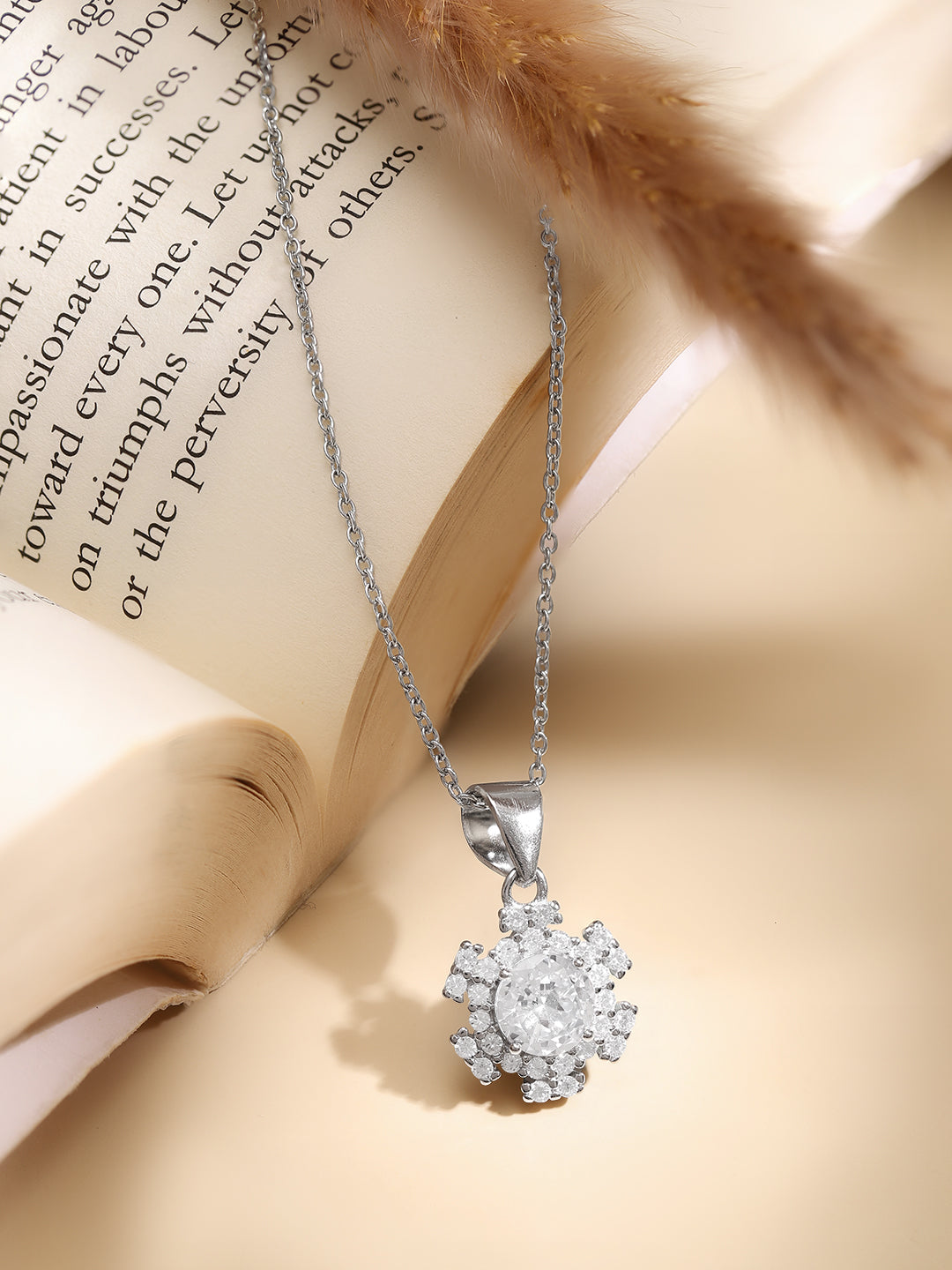 925 Fine Silver Rhodium Plated Floral Chrm Necklace