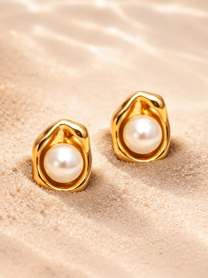 Demi Fine 18K Gold Plated Stainless steel Pearl Centered Stud Earrings