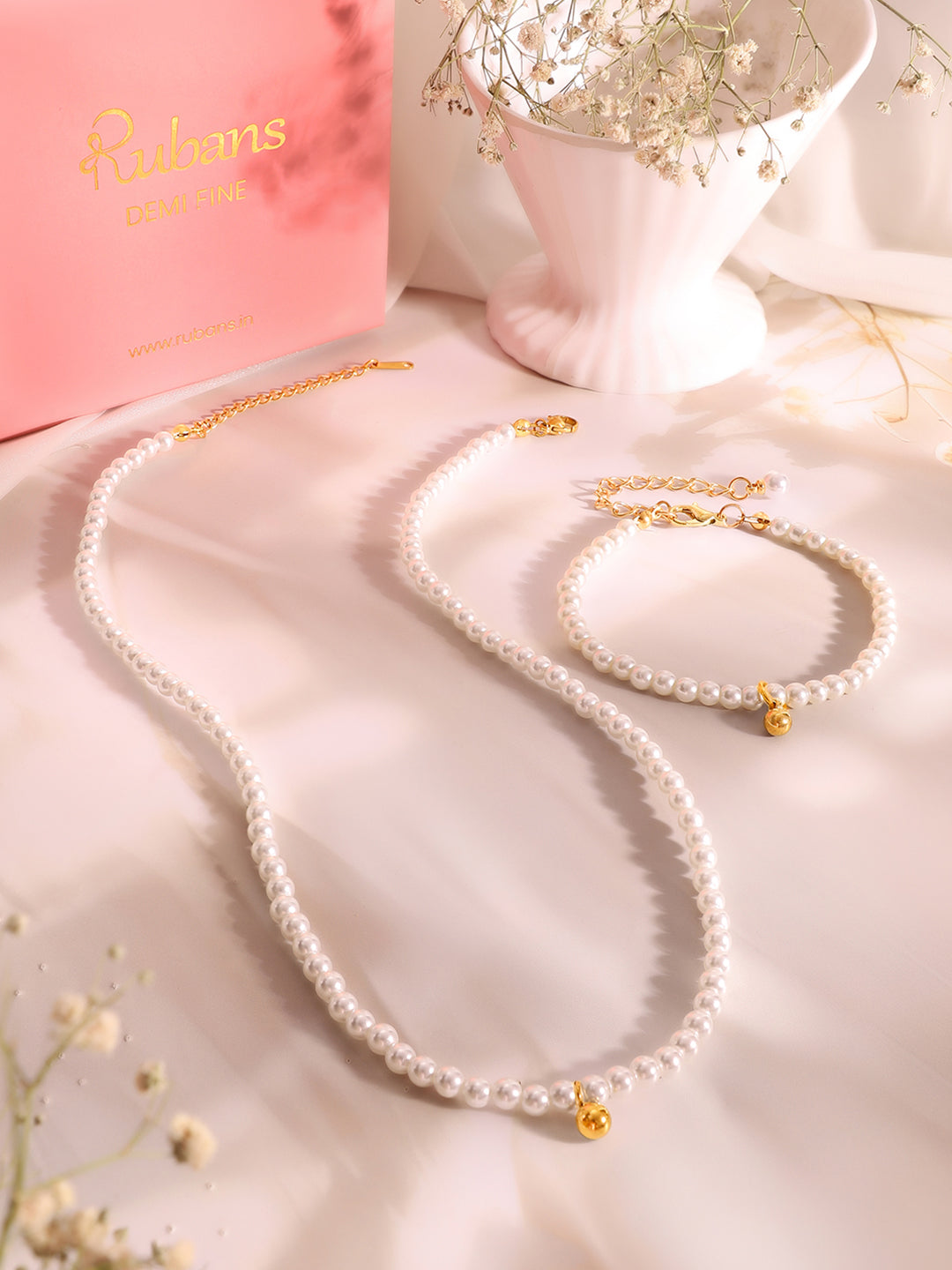 Demi Fine 18K Gold Plated Stainless Steel Pearl Beaded Chain &amp; Bracelet Set