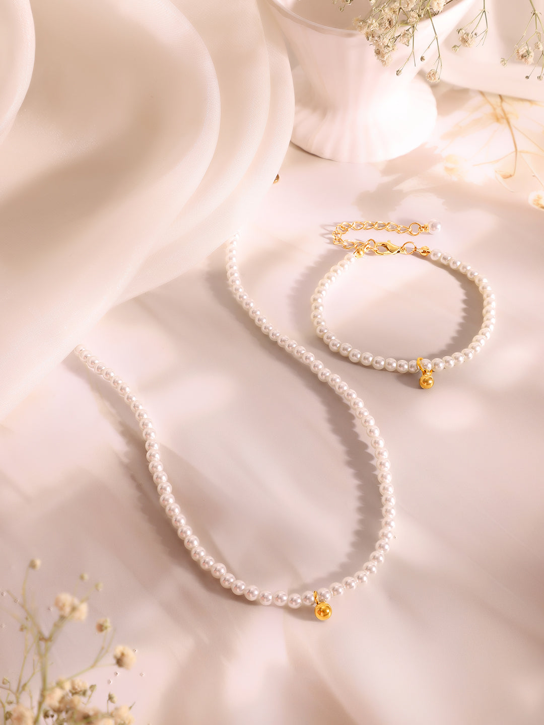 Demi Fine 18K Gold Plated Stainless Steel Pearl Beaded Chain &amp; Bracelet Set