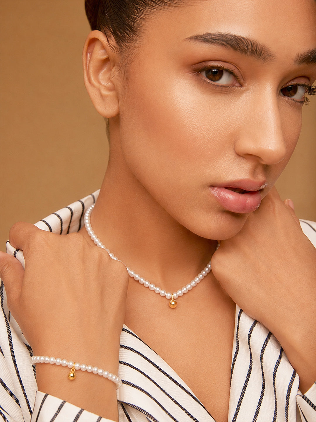 Demi Fine 18K Gold Plated Stainless Steel Pearl Beaded Chain &amp; Bracelet Set