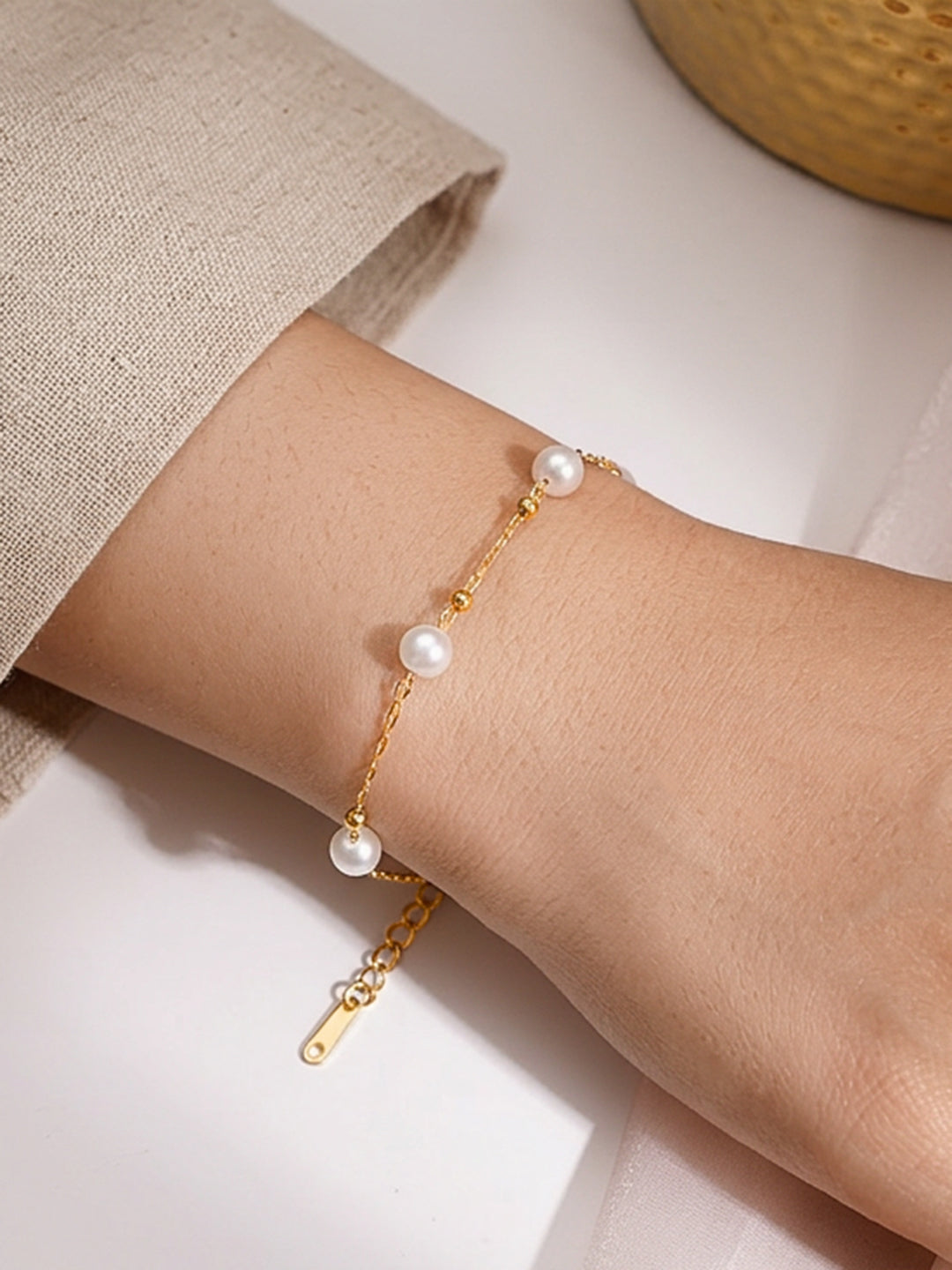 Demi Fine 18K Gold Plated Stainless steel Pearl Beaded Chain Bracelet