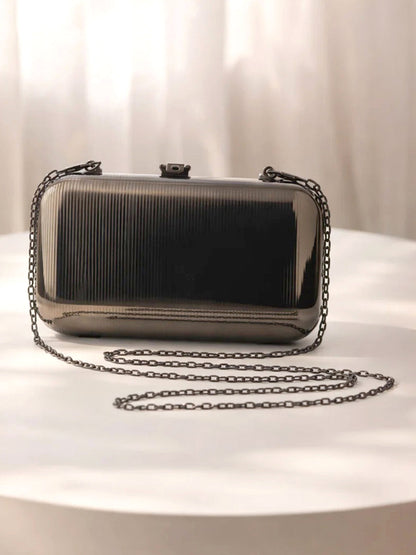 Midnight Black Ribbed Metallic Box Clutch