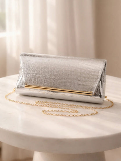 Metallic Silver Croc Chic Envelope Clutch