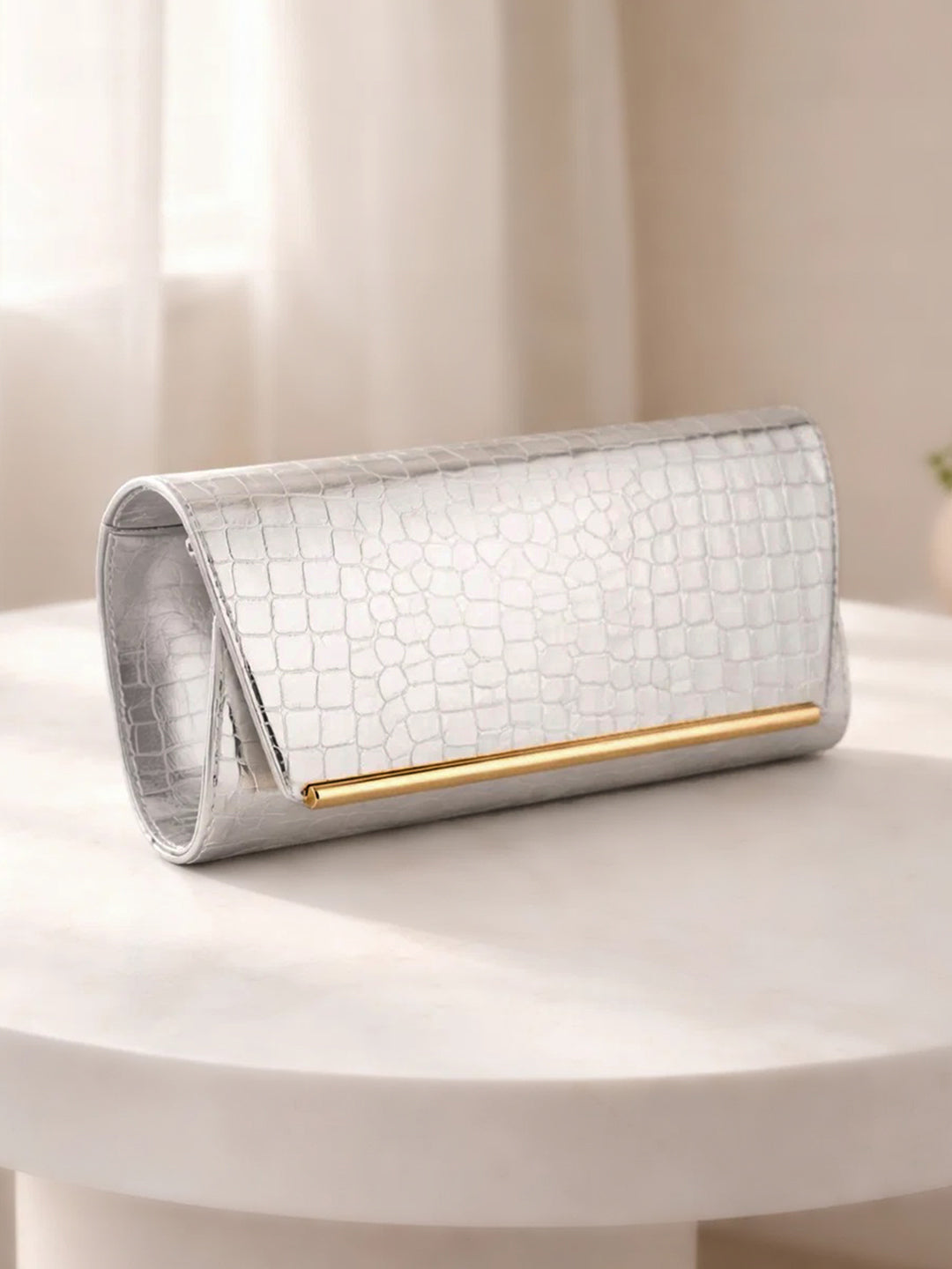 Metallic Silver Croc Chic Envelope Clutch