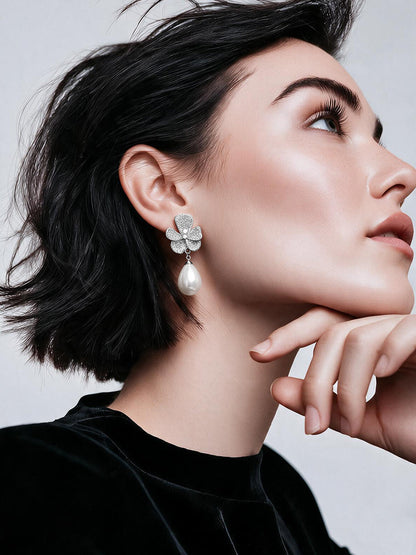 Rhodium Plated Crystal Bloom Pearl Drop Earrings