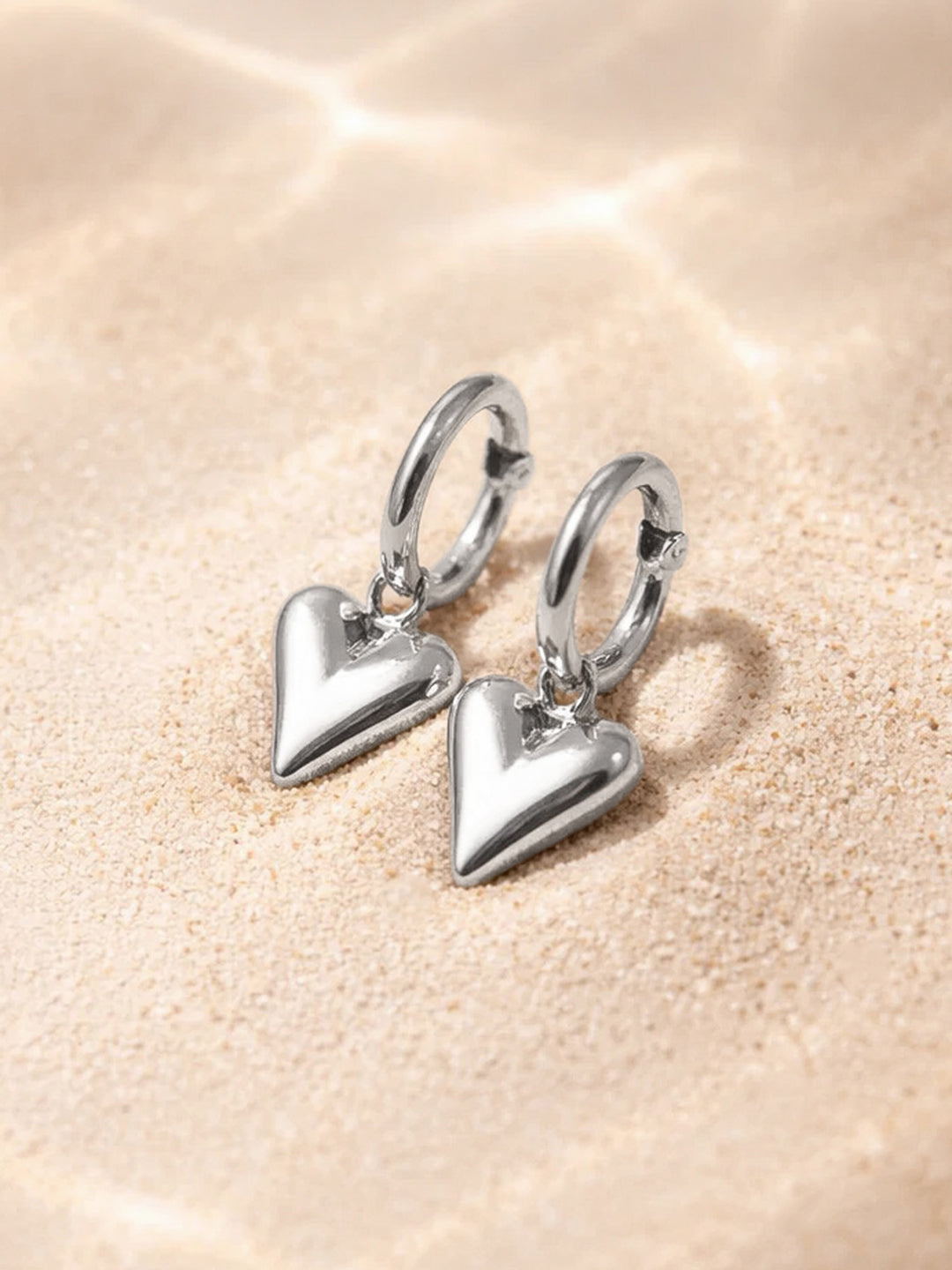 Demi Fine 18K Sliver Plated Stainless steel Puffy Heart Charm Hoop Drop Earrings