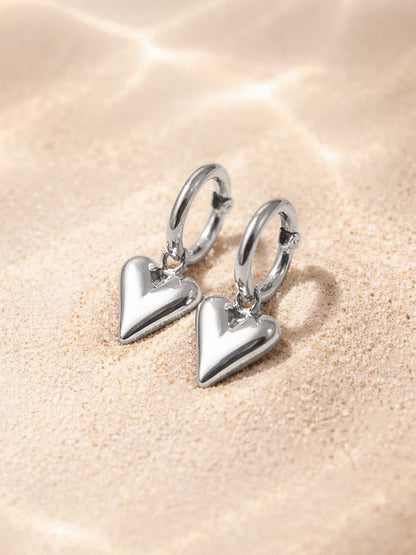 Demi Fine 18K Sliver Plated Stainless steel Puffy Heart Charm Hoop Drop Earrings