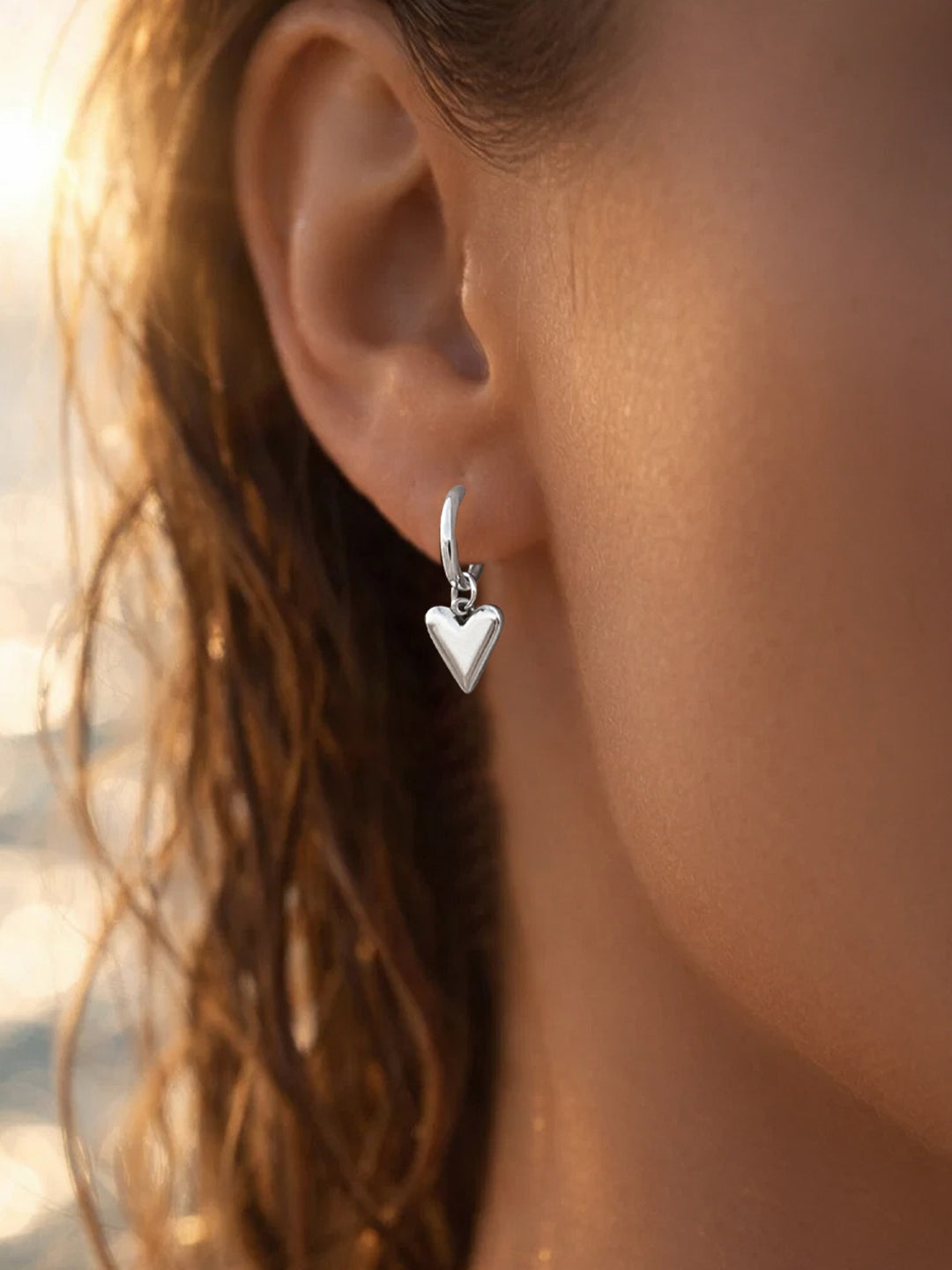 Demi Fine 18K Sliver Plated Stainless steel Puffy Heart Charm Hoop Drop Earrings