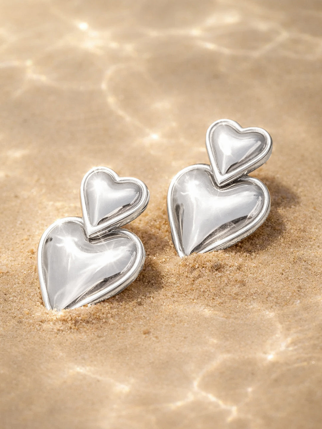 Demi Fine Rhodium Plated Stainless steel Double Heart Drop Earrings