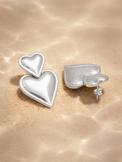 Demi Fine Rhodium Plated Stainless steel Double Heart Drop Earrings