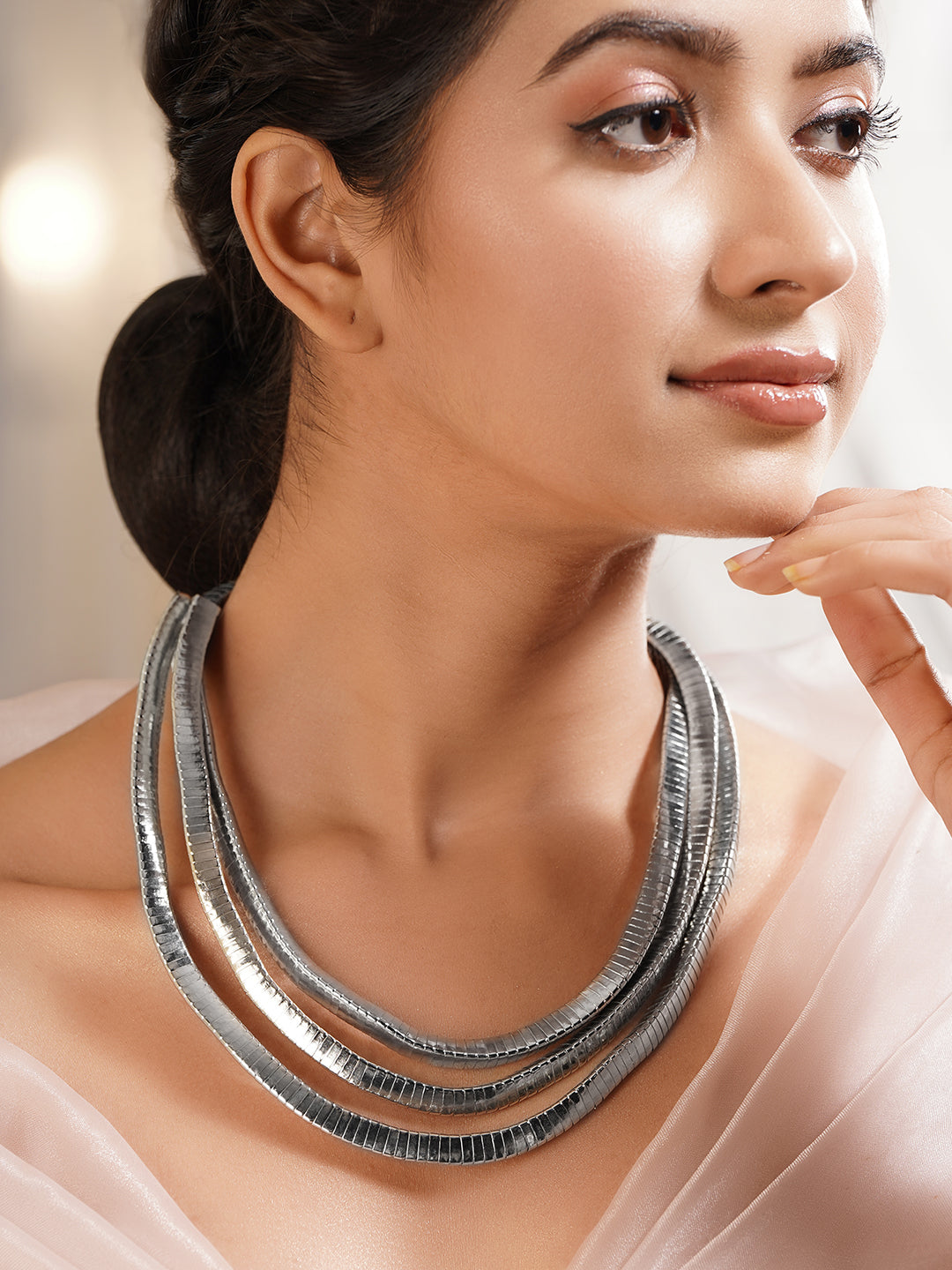 Rhodium Plated Triple Layer Snake Chain Statement Necklace