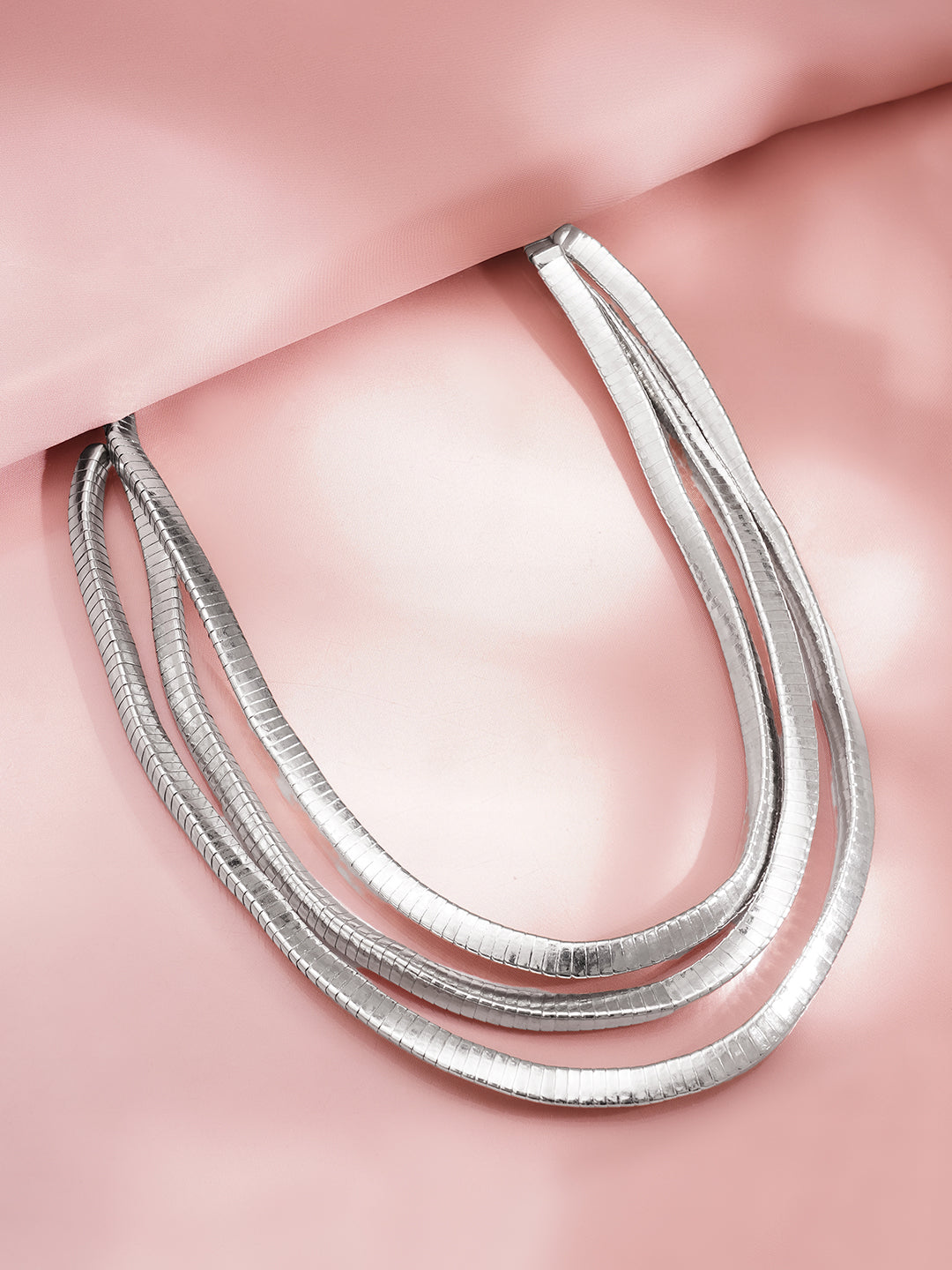 Rhodium Plated Triple Layer Snake Chain Statement Necklace